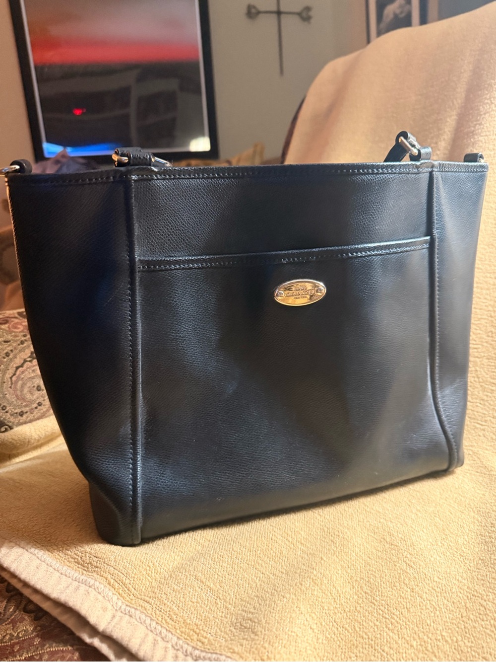 Coach Black Leather Tote with Gold Plaque